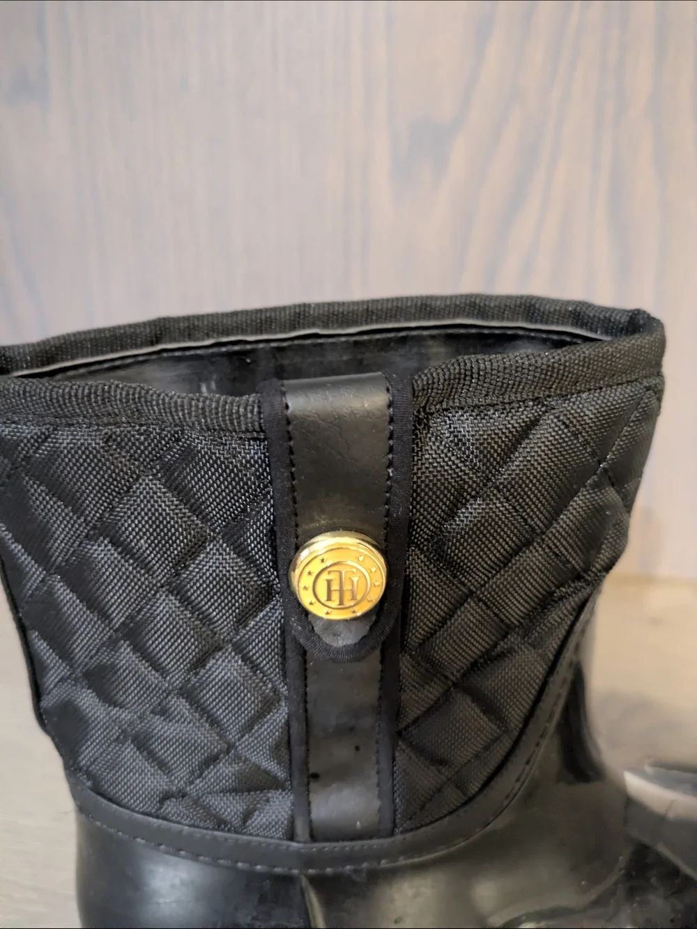 Black Quilted Rain Boots with Logo Button